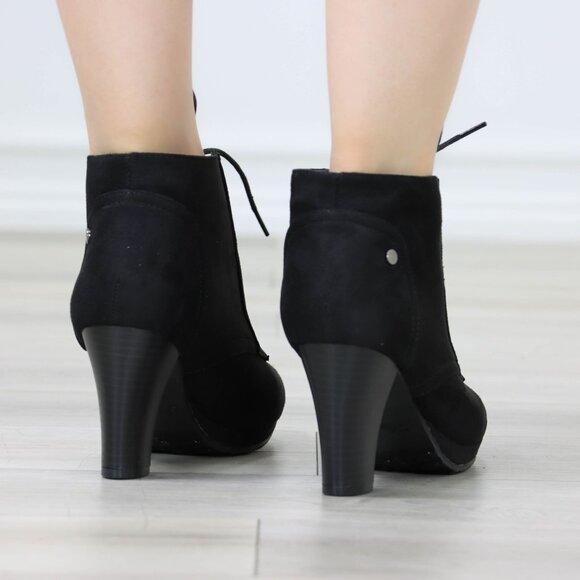 Womens Ankle Boots Lace Up Block Heel Booties Black Faux Suede - Picture 7 of 12